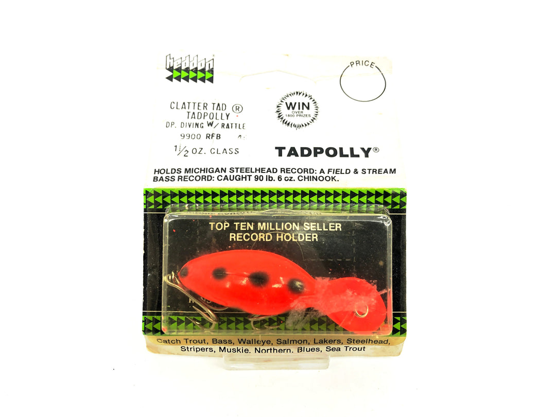 Heddon 9900 Clatter Tad Tadpolly Spook, RFB Fluorescent Red Black Spots Color