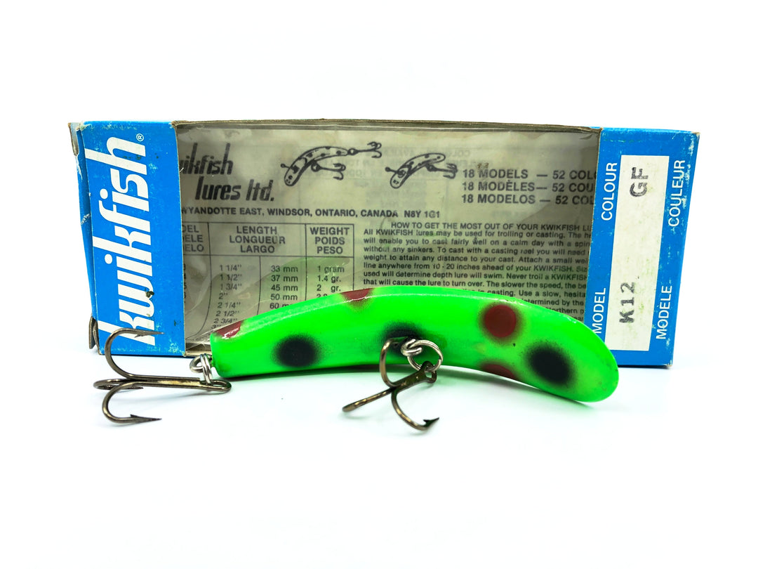 Pre Luhr-Jensen Kwikfish K12, GF Green Fluorescent/Black & Red Spots Color New in Box Old Stock