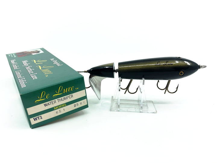 Le Lure Musky Surface Lure, Water Thumper, Black/Gold Back with Box