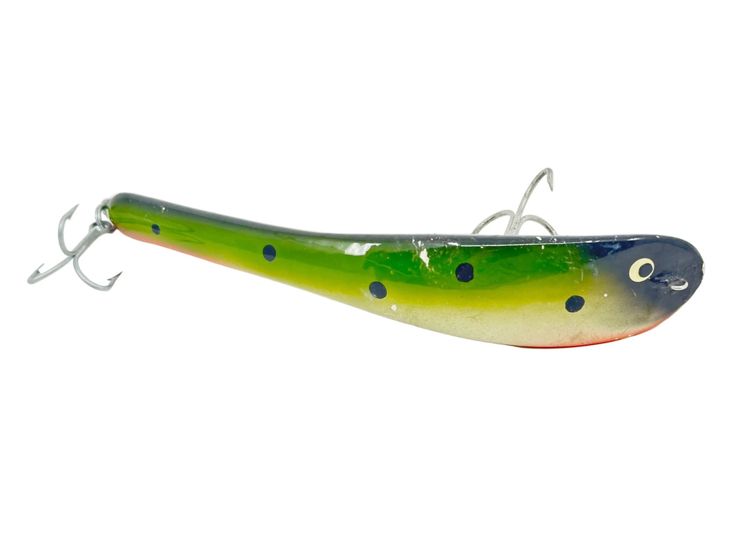 Turus Ukko Jerk Bait, Green/Black Dots/Orange Belly Color - Singed