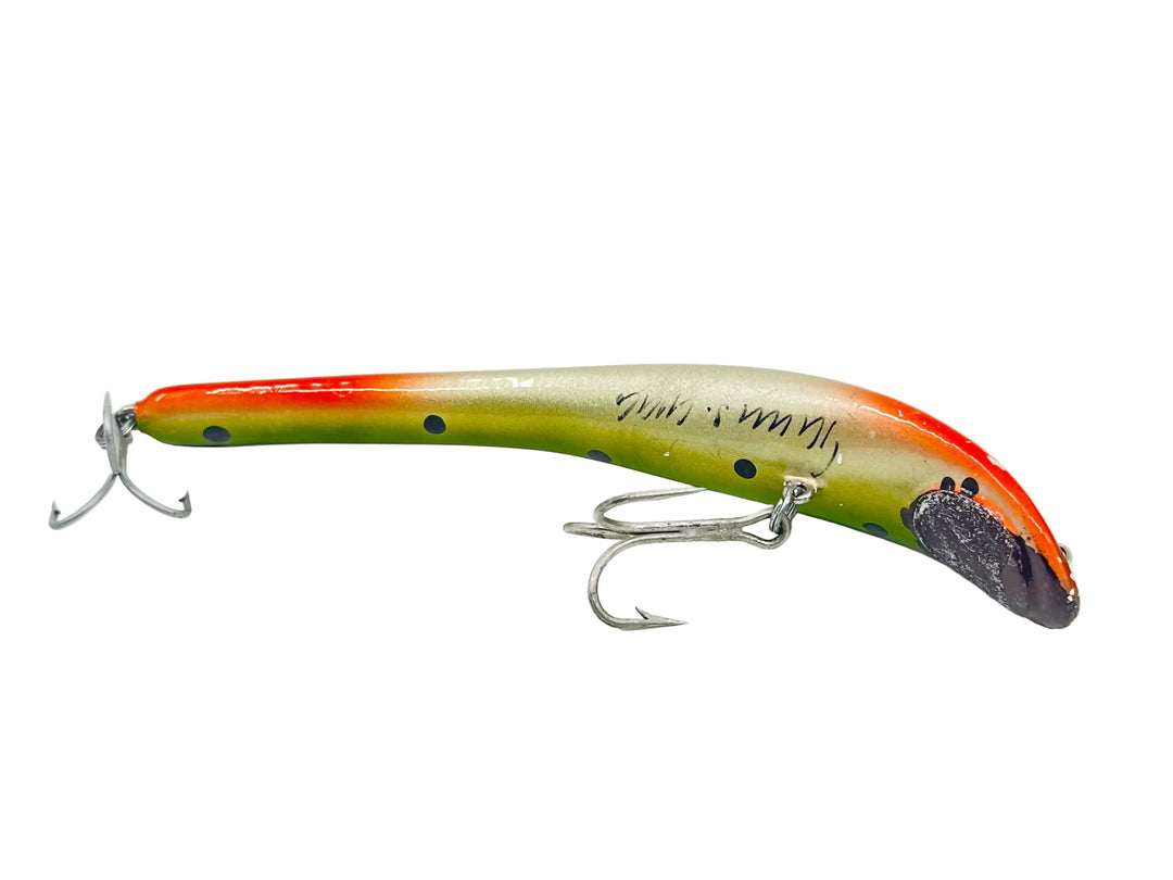 Turus Ukko Jerk Bait, Green/Black Dots/Orange Belly Color - Singed