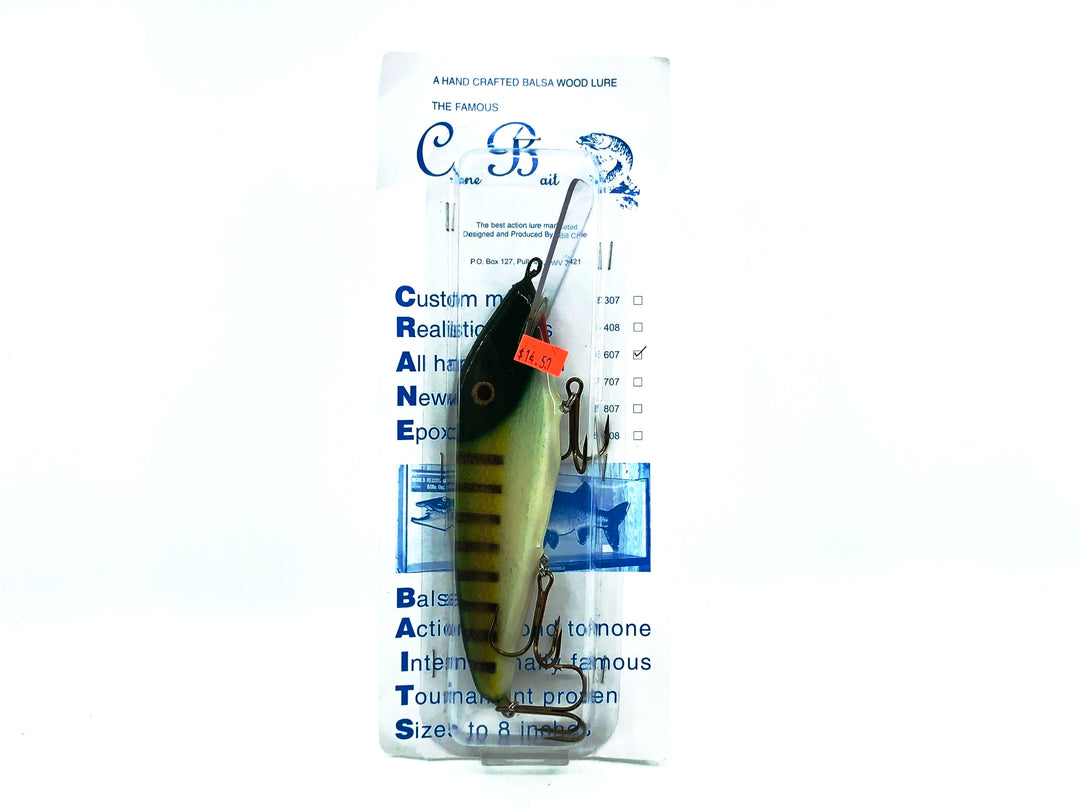 Crane 607 Musky Lure, Green Perch/White Belly Color, New on Card