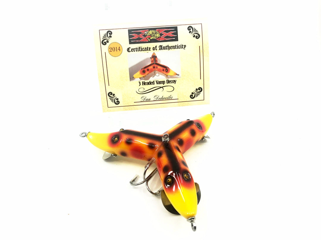 Musky Dan (XXX Lures) 3 Headed Vamp Decoy, Spotted Orange Color w/COA