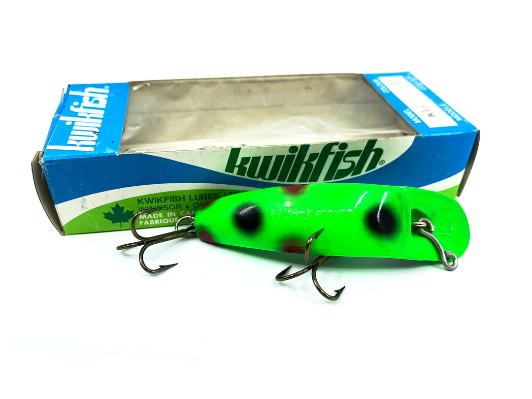 Pre Luhr-Jensen Kwikfish K12, GF Green Fluorescent/Black & Red Spots Color New in Box Old Stock