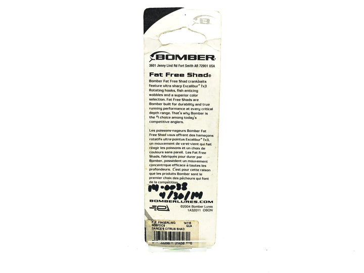 Bomber Fat Free Fingerling Shad, Dance's Citrus Shad Color on Card