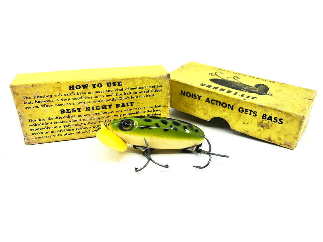 Arbogast Plastic Yellow Lip Jitterbug 1940's WWII Era, Frog/White Belly Color with 1941 Box - War Bug