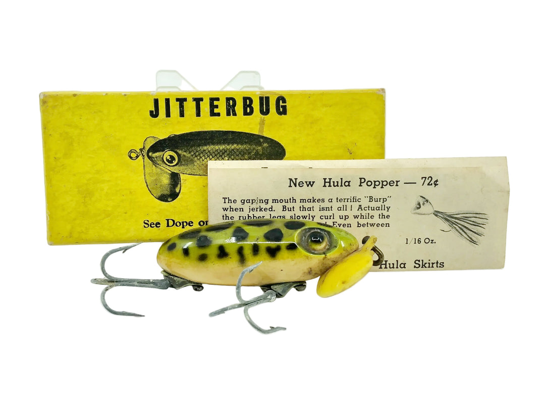 Arbogast Plastic Yellow Lip Jitterbug 1940's WWII Era, Frog/Yellow Belly Color