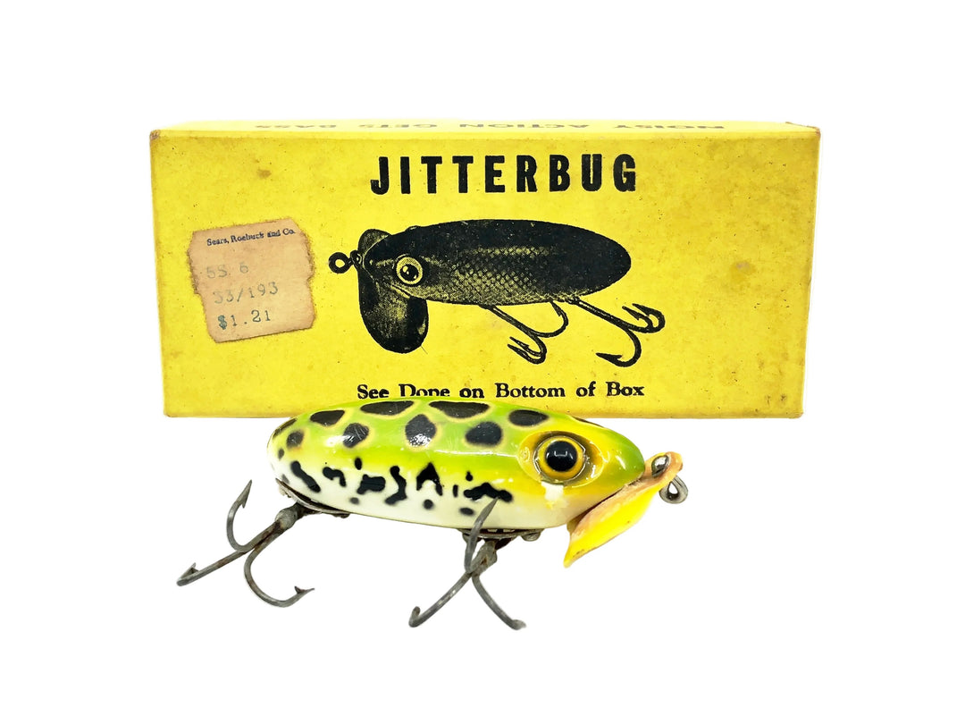 Arbogast Plastic Yellow Lip Jitterbug 1940's WWII Era, Frog/White Belly Color - War Bug!