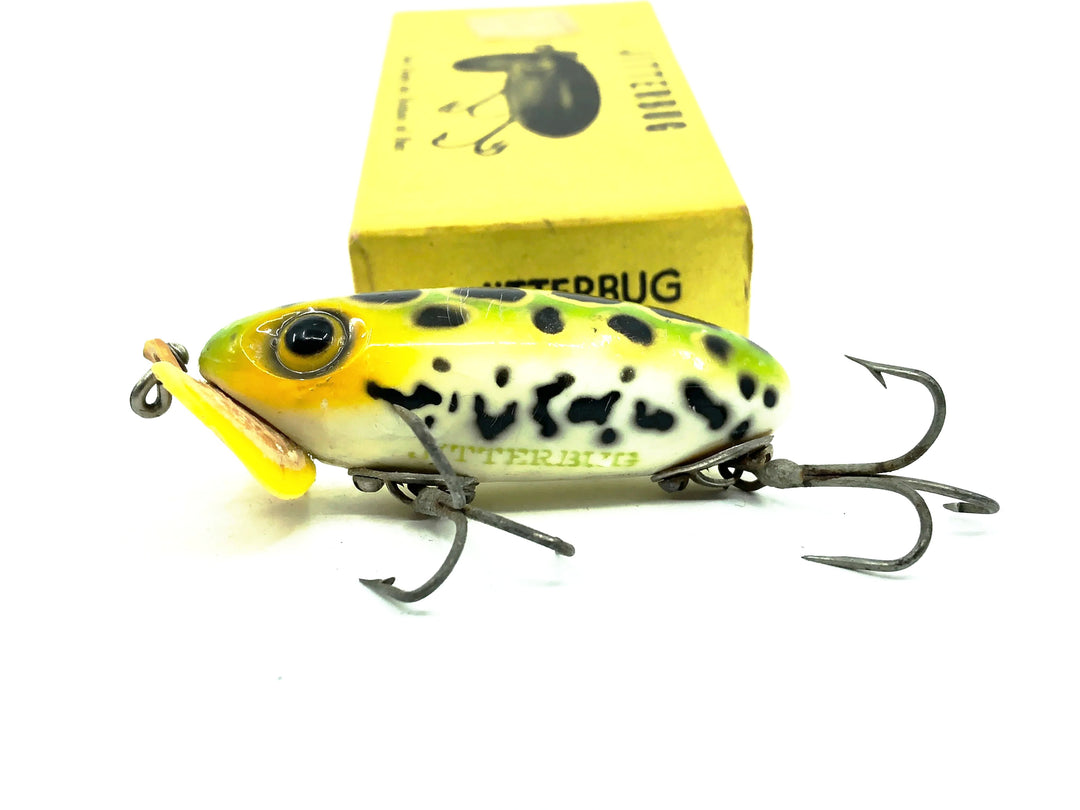 Arbogast Plastic Yellow Lip Jitterbug 1940's WWII Era, Frog/White Belly Color - War Bug!