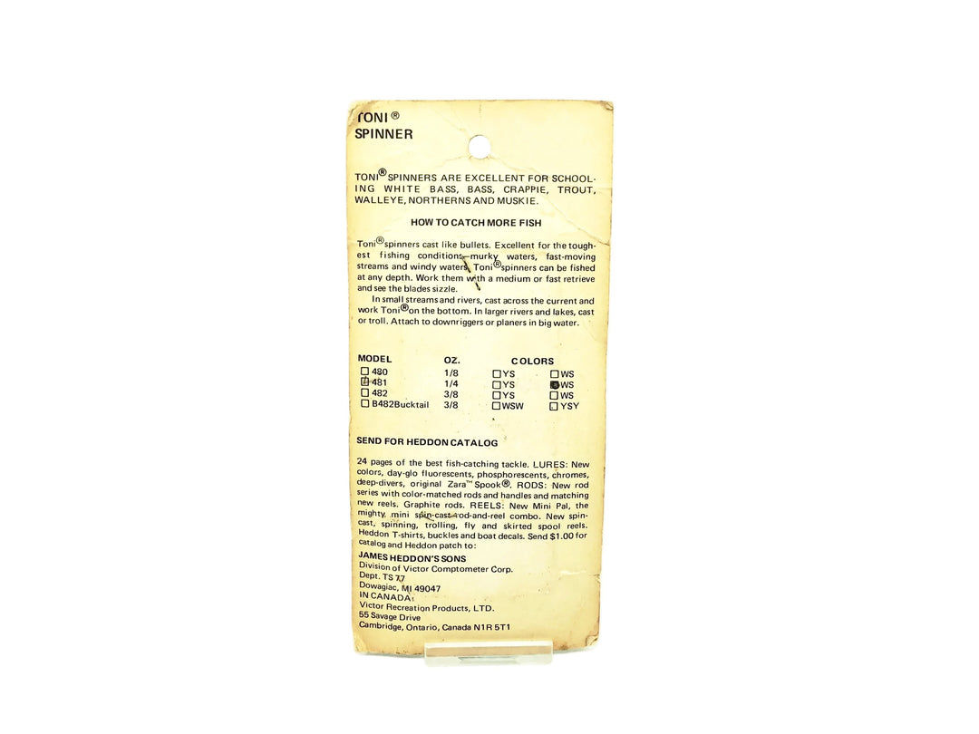 Heddon Toni Spinner #481, WS White Silver Color on Card