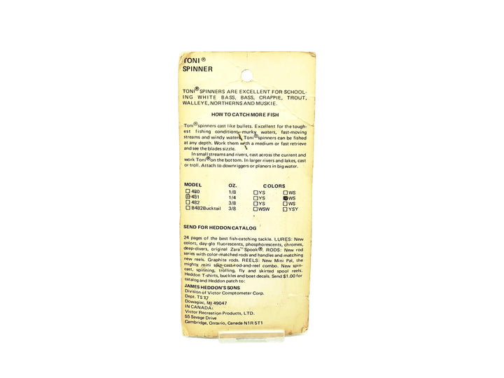 Heddon Toni Spinner #481, WS White Silver Color on Card