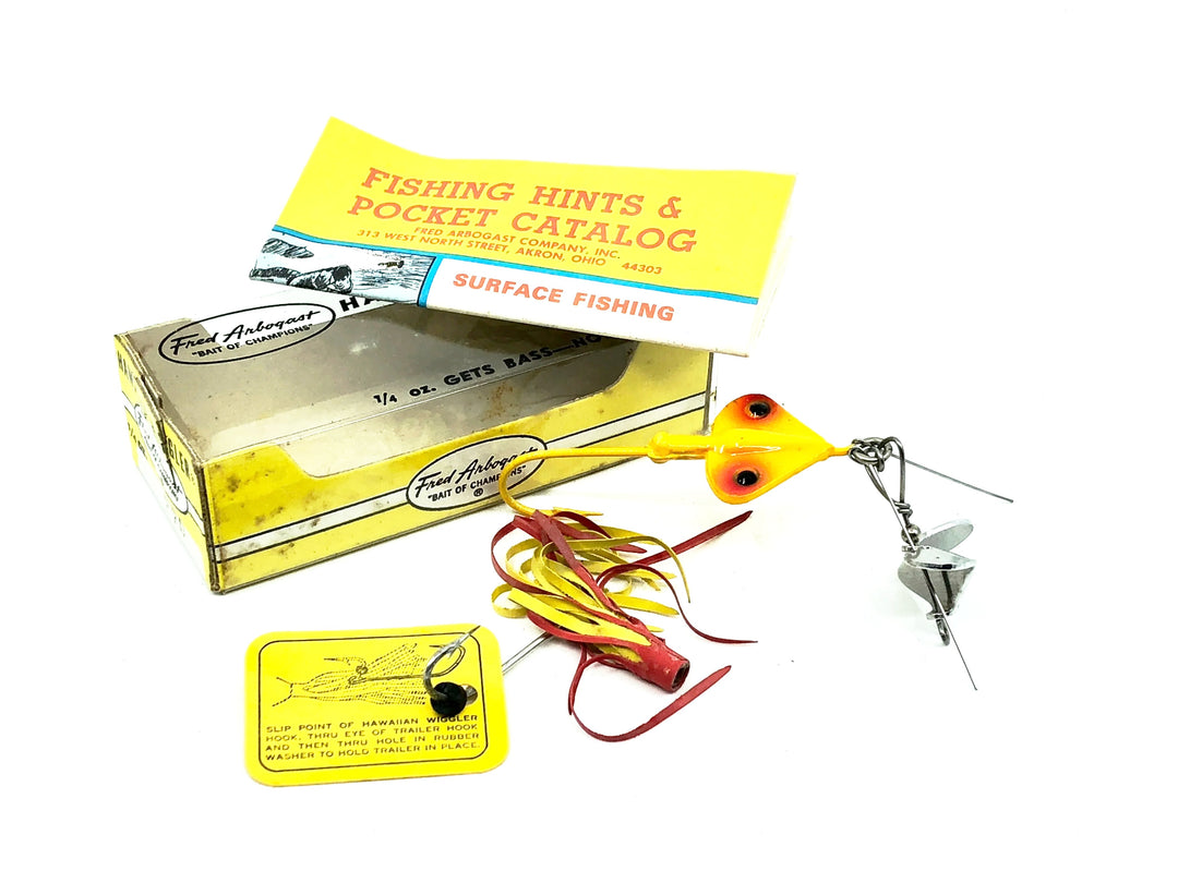 Arbogast Hawaiian Wiggler Sputter Fuss #2 1/2, 270Y 1/4oz, Yellow Color w/Box & Catalog