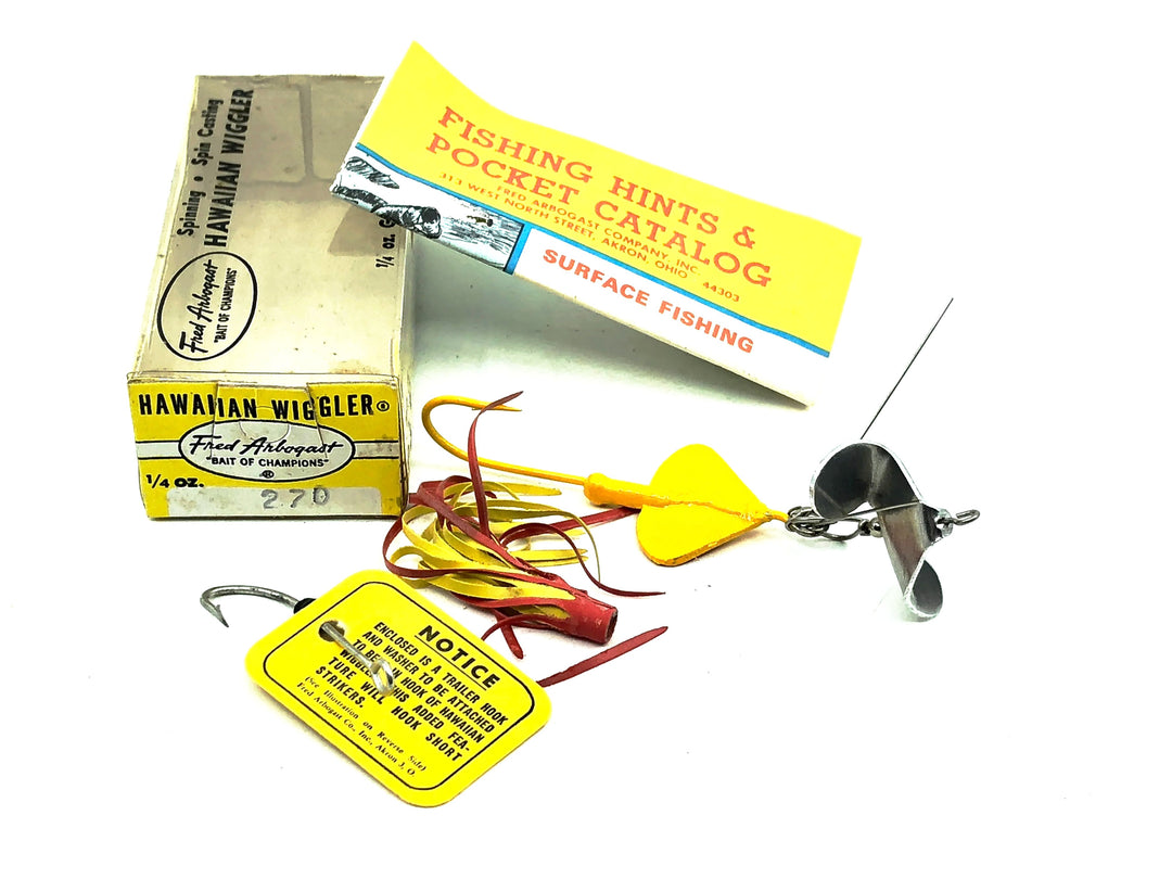 Arbogast Hawaiian Wiggler Sputter Fuss #2 1/2, 270Y 1/4oz, Yellow Color w/Box & Catalog