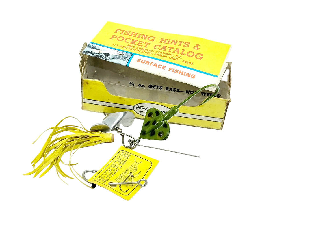 Arbogast Hawaiian Wiggler Sputter Fuss #2 1/2, 270 1/4oz, #06 Frog/White Belly Color w/Box & Catalog