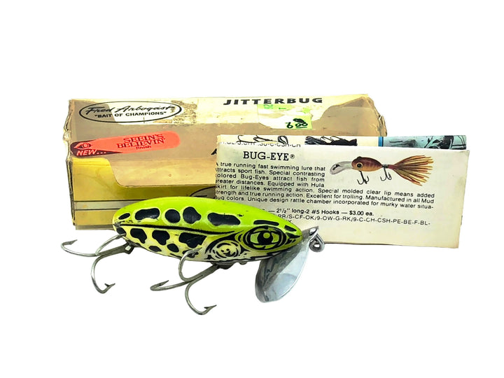 Arbogast Jitterbug 5/8oz, #206 Leopard Frog/White Belly Color, Seein's Believin Model w/Box & Paperwork