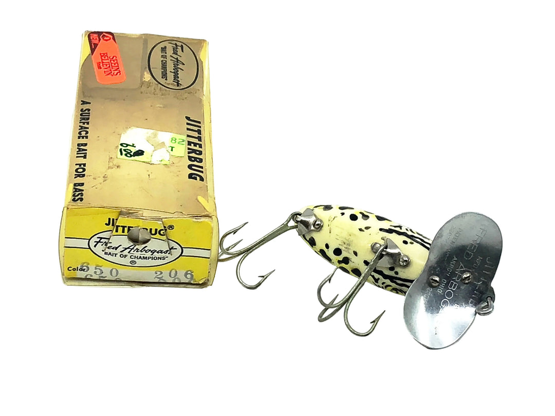 Arbogast Jitterbug 5/8oz, #206 Leopard Frog/White Belly Color, Seein's Believin Model w/Box & Paperwork