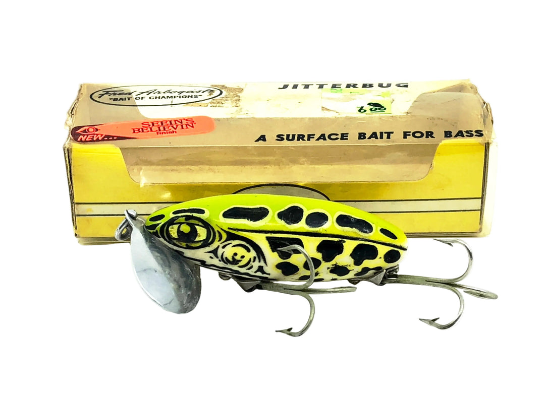 Arbogast Jitterbug 5/8oz, #206 Leopard Frog/White Belly Color, Seein's Believin Model w/Box & Paperwork