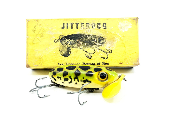 Arbogast Plastic Yellow Lip Jitterbug 1940's WWII Era, Frog/White Belly Color - War Bug!