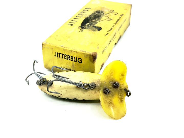 Arbogast Plastic Yellow Lip Jitterbug 1940's WWII Era, Frog/White Belly Color - War Bug!