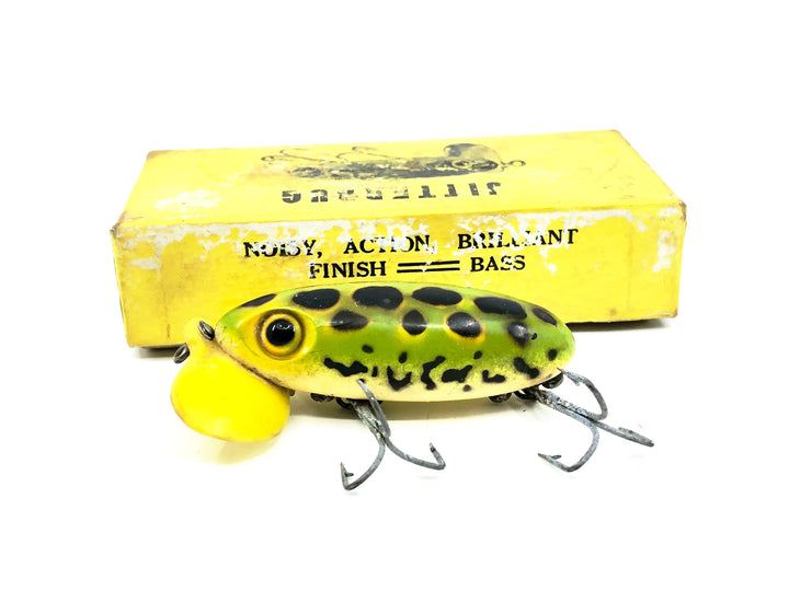 Arbogast Plastic Yellow Lip Jitterbug 1940's WWII Era, Frog/White Belly Color - War Bug!