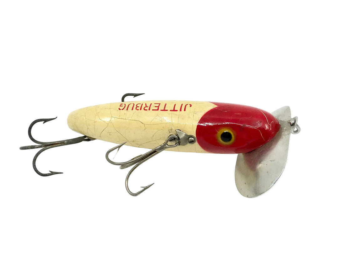 Arbogast Vintage Wooden 3-Hook Musky Jitterbug, Red Head/White Color