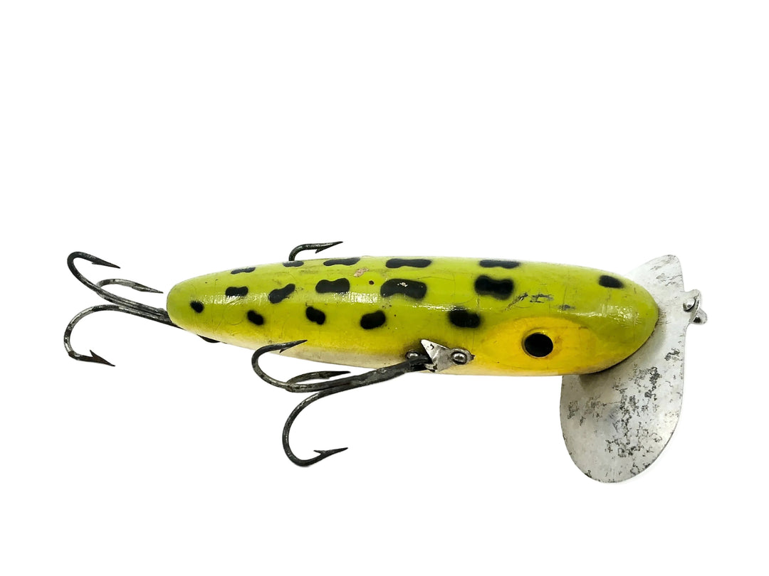 Arbogast Vintage Wooden 3-Hook Musky Jitterbug, Frog/White Belly Color