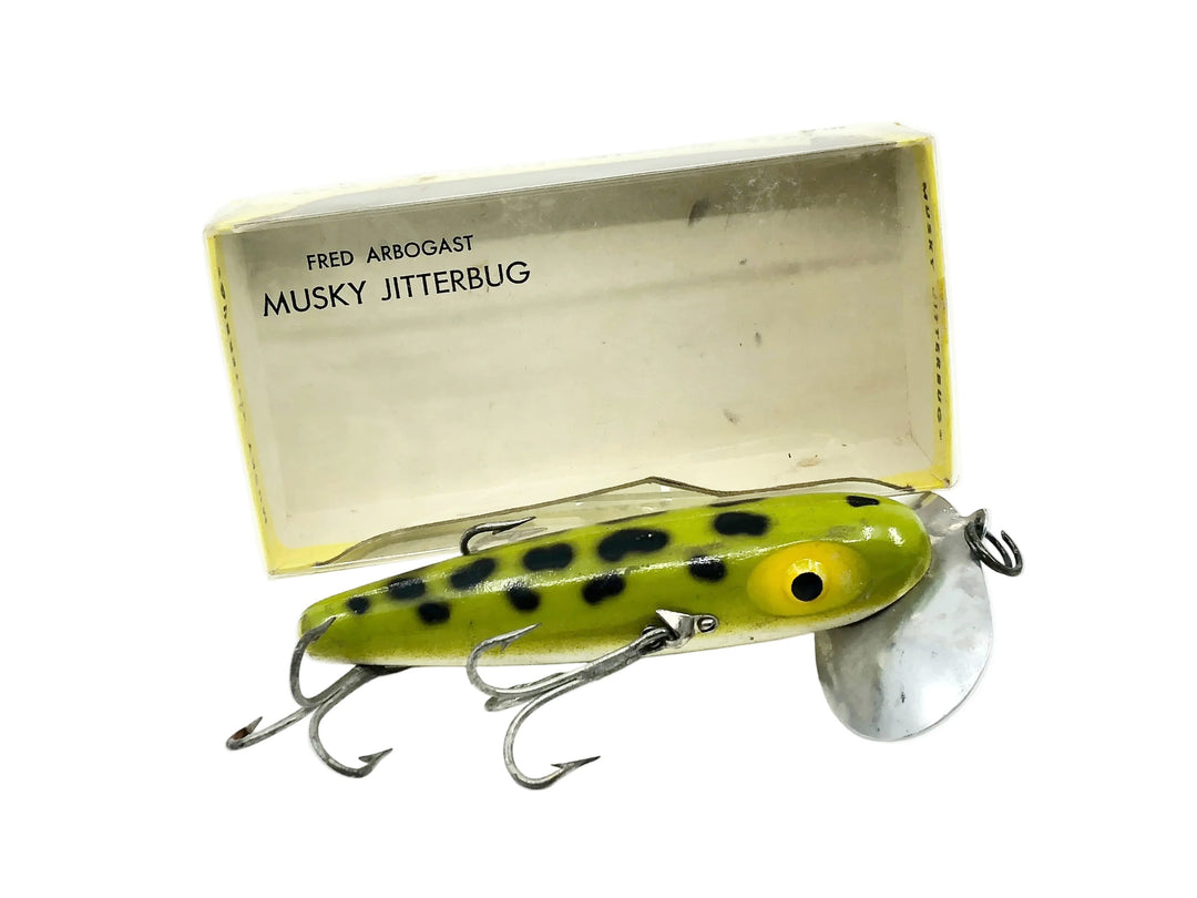 Arbogast Vintage Wooden 3-Hook Musky Jitterbug, 700F Frog/White Belly Color w/Box