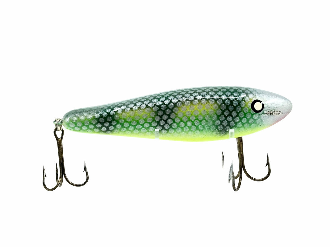 Injured Minnow Type Musky Bait, Green Belly/Silver Scales Color