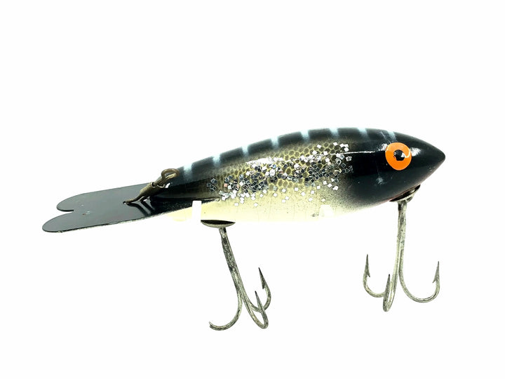 Wooden Bomber 600 Series, #72 Black Back/White Belly/Silver Sparkle Color - Very Good Condition!