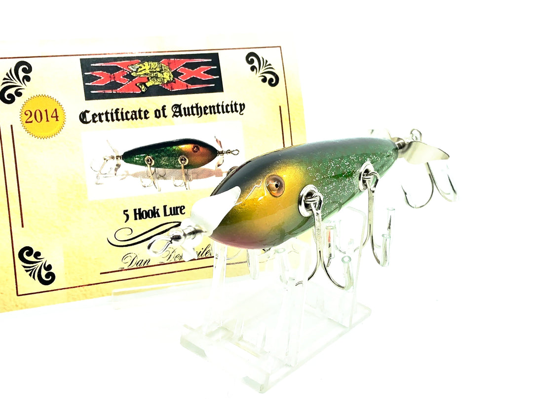 Musky Dan (XXX Lures) 5 Hook Minnow, Green/Gold/Glitter w/COA