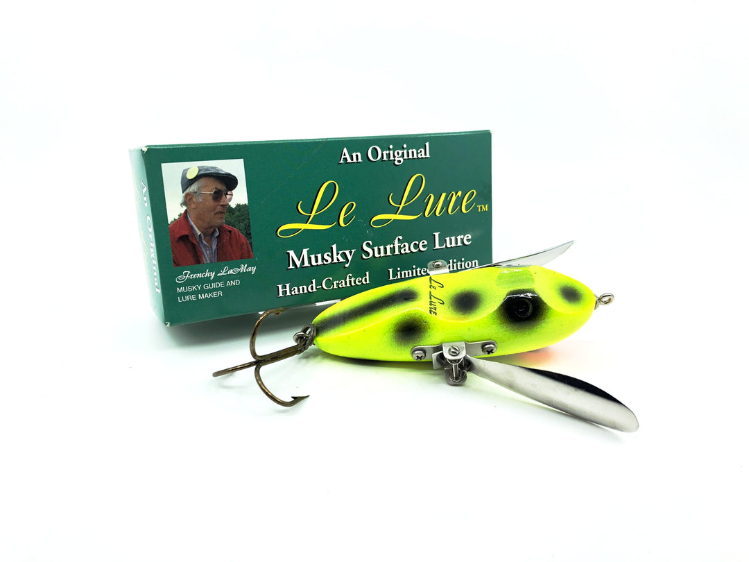 Le Lure Musky Surface Lure, Creeper Type Lure, Chartreuse Black Spots Color with Box