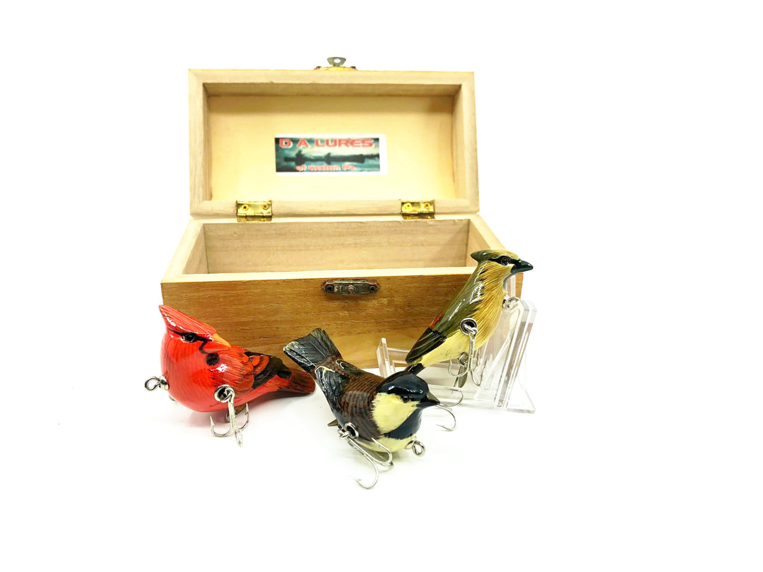 D.A Lures of Western Pennsylvania, Cedar Wood Birds Series, Cardinals and a Sparrow Contemporary Lure with Box