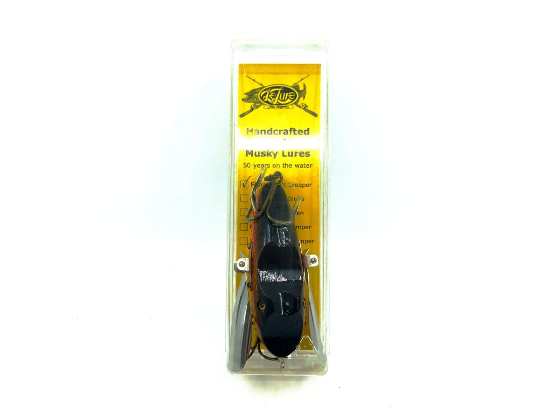 Le Lure Musky Surface Lure, Creeper Type Lure, Yellow/Black Back/Orange Scale Color with Card
