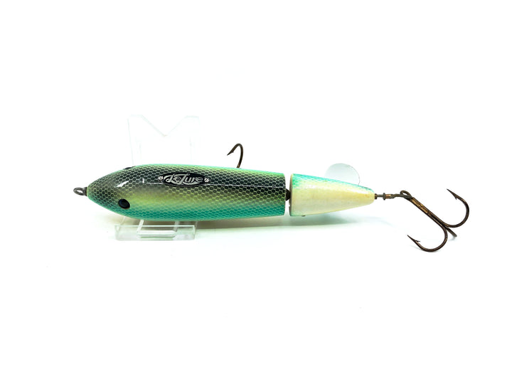 Le Lure Musky Surface Lure, Back Thumper, White/Black Back/Blue Scale Color with Card