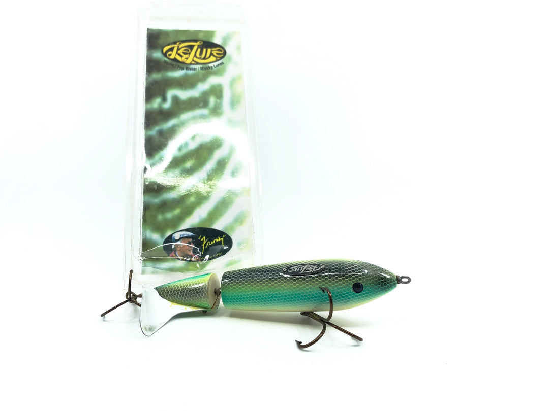 Le Lure Musky Surface Lure, Back Thumper, White/Black Back/Blue Scale Color with Card
