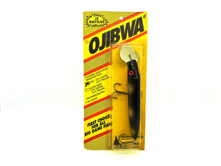 Ojibwa Standard Muskie Lure, Black/Gold Scale/Orange Belly Color New on Card