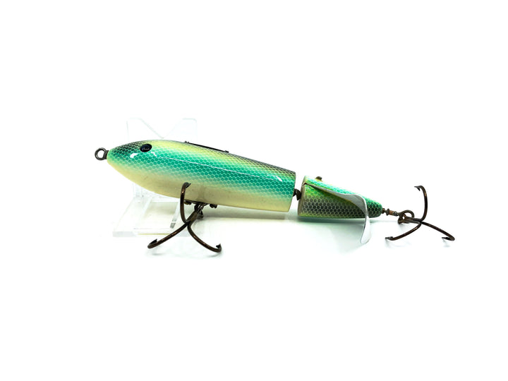 Le Lure Musky Surface Lure, Back Thumper, White/Black Back/Blue Scale Color with Card