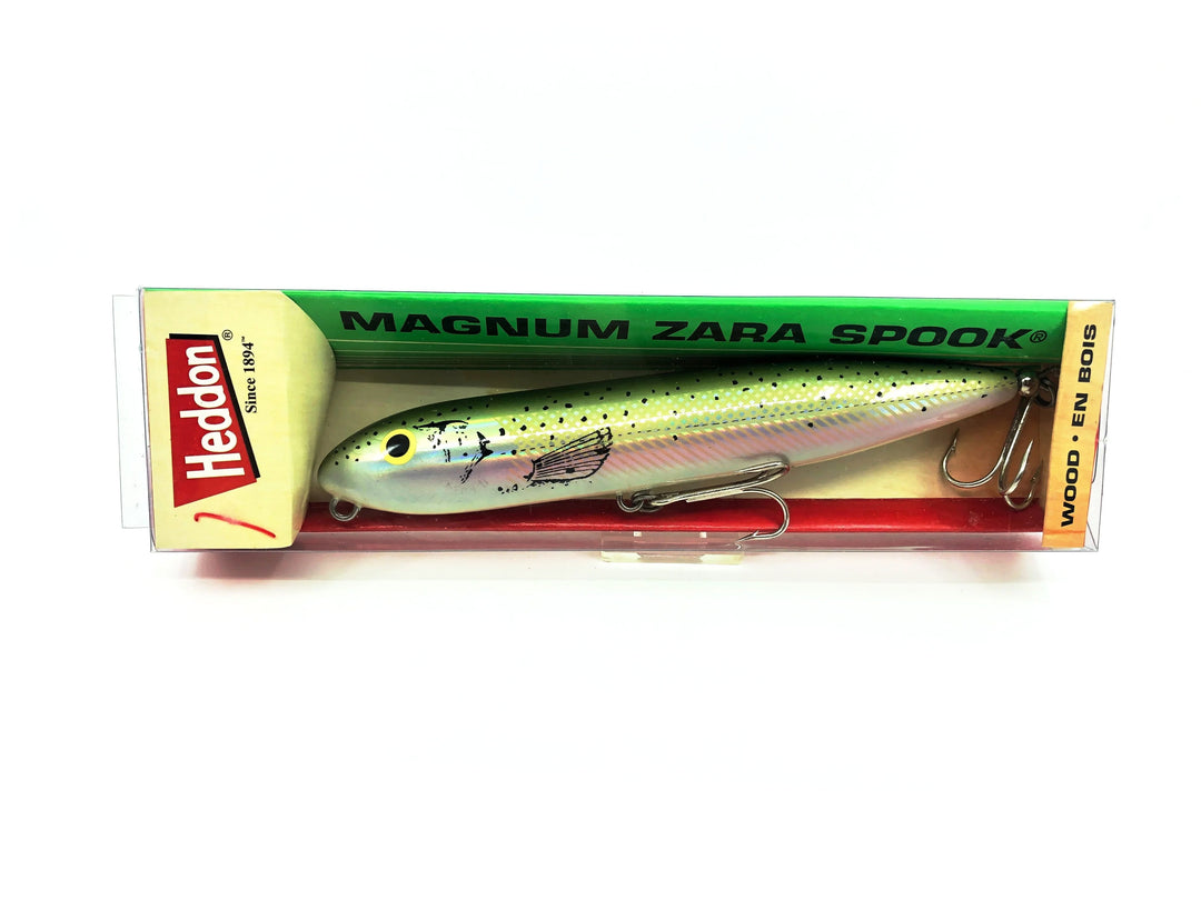 Heddon Wooden Super Magnum Zara Spook 9257, HRT Holographic Rainbow Trout Color, on Card