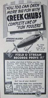 Creek Chub Wooden Spinning Injured Minnow Pikie Color 9500 1953 Ad