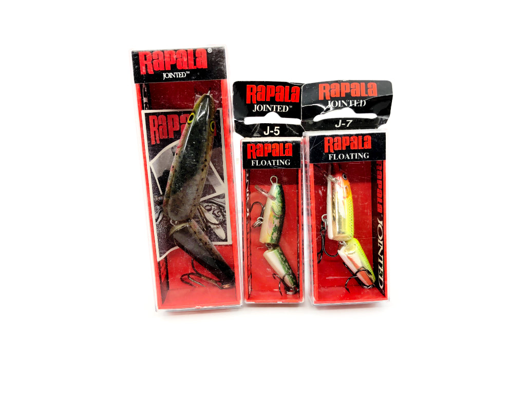 Lot of Three Rapala Jointed Lures in Boxes Minnow Rainbow Trout Clown Colors
