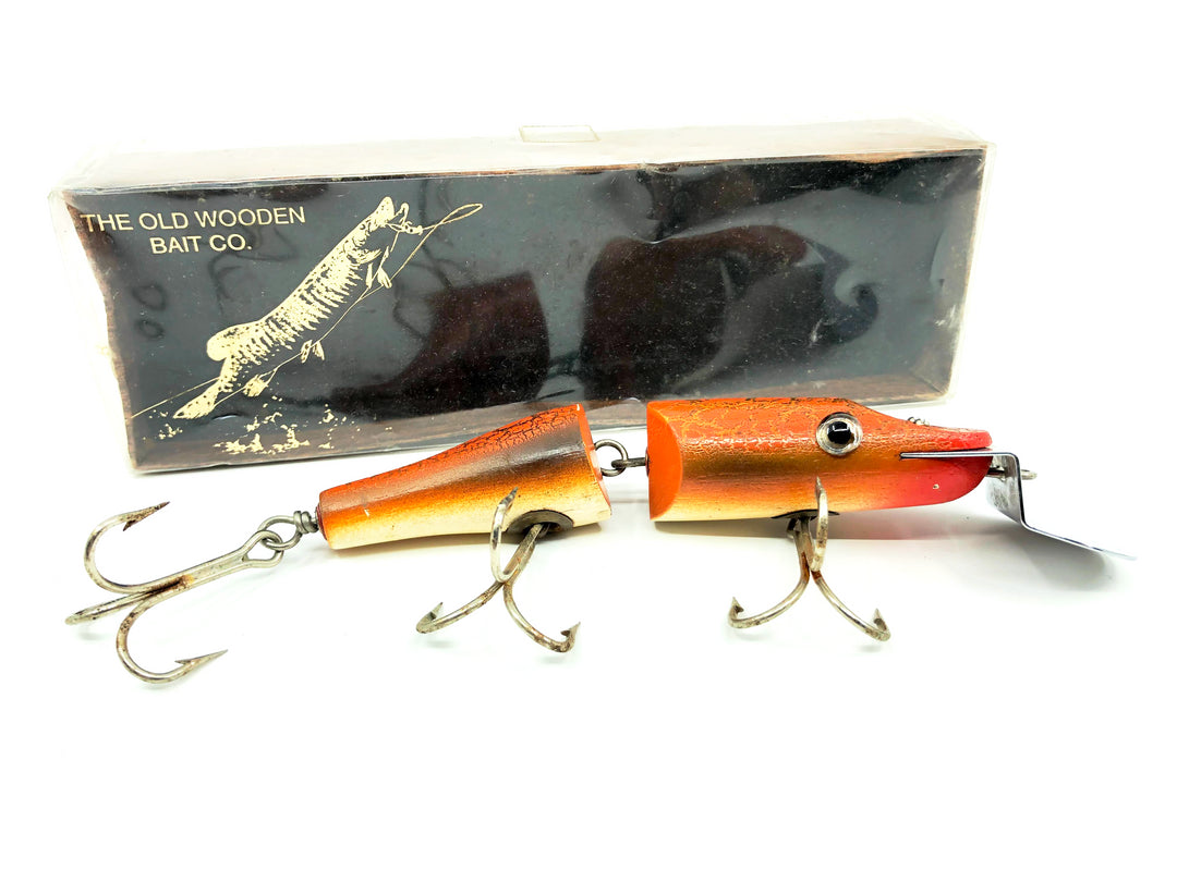 Old Wooden Bait Company Jointed Pikie Crackle Back Orange White Color and Box