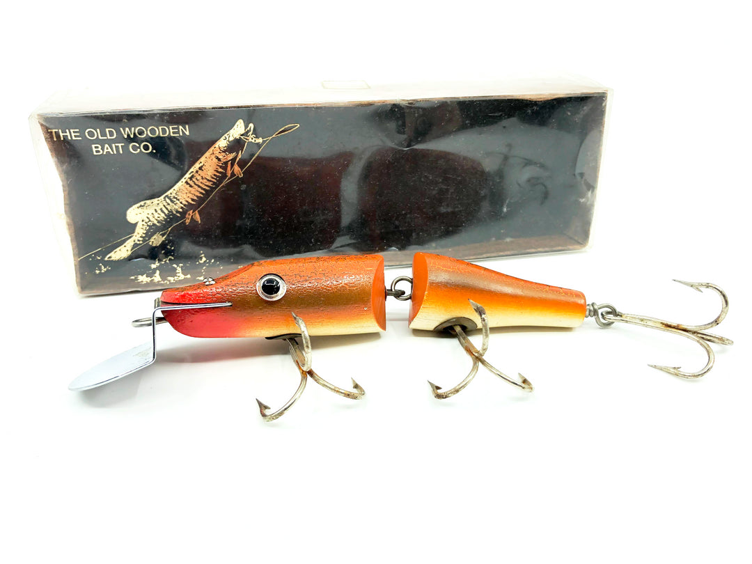 Old Wooden Bait Company Jointed Pikie Crackle Back Orange White Color and Box