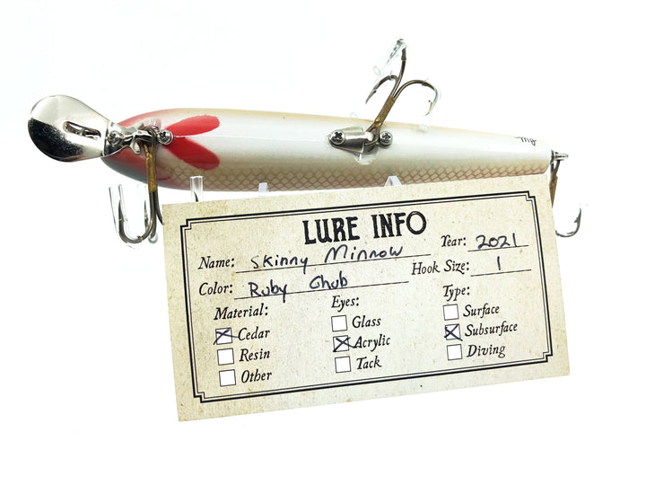 Chautauqua Special Order Wooden Skinny Minnow in Ruby Chub Color