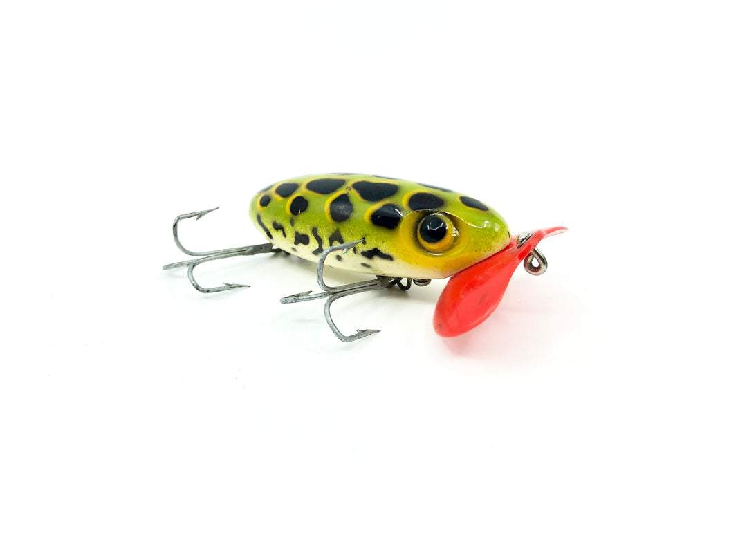 Arbogast Plastic Red Lip Jitterbug 1940's WWII Era Leopard Frog Color - War Bug!