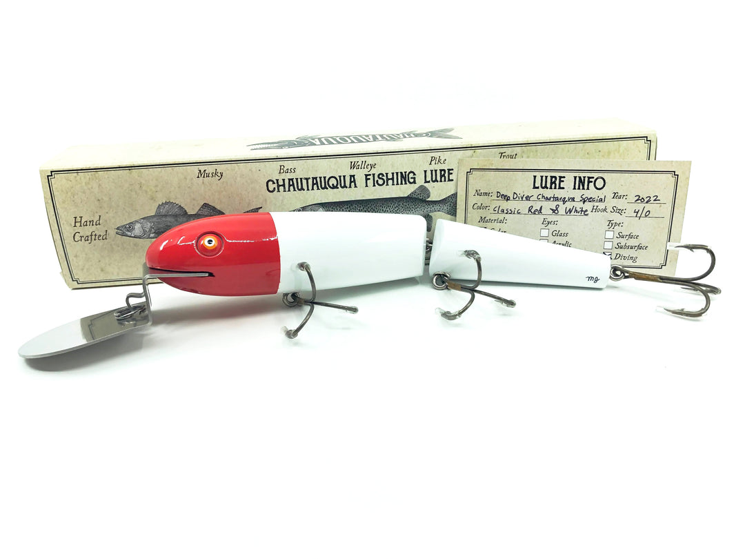 Chautauqua Special Jointed Deep Diver 8" Musky Lure Classic Red & White Color