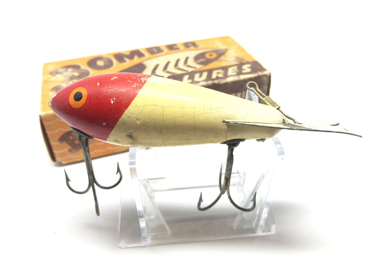 Vintage Wooden Bomber Lure in Box Red Head and White Color 04