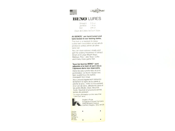 Angler's Pride Beno Lure Jointed Black Color New on Card