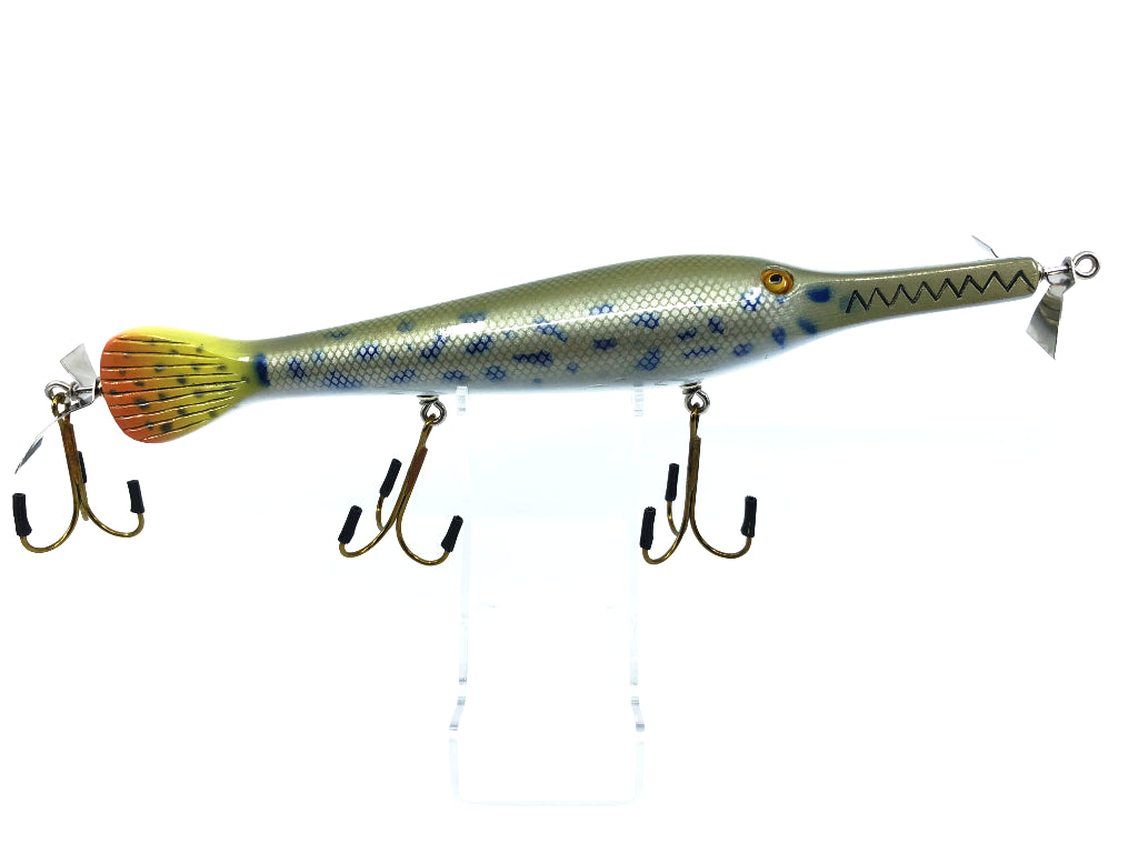 Chautauqua 11" Glass Eye Wooden Topwater Magnum Gar with Tail Lure Spotted Gar Color