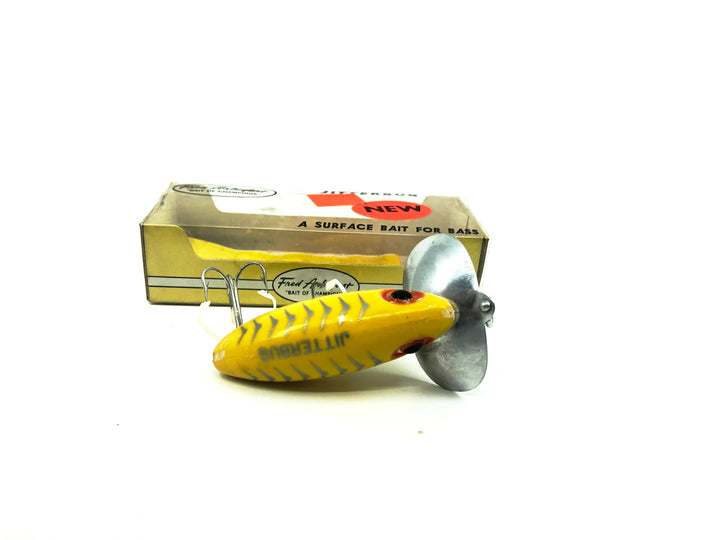 Arbogast Jitterbug Yellow (1965-1976 Weedless Hooks) Color with Box, Bug-Eyed Model