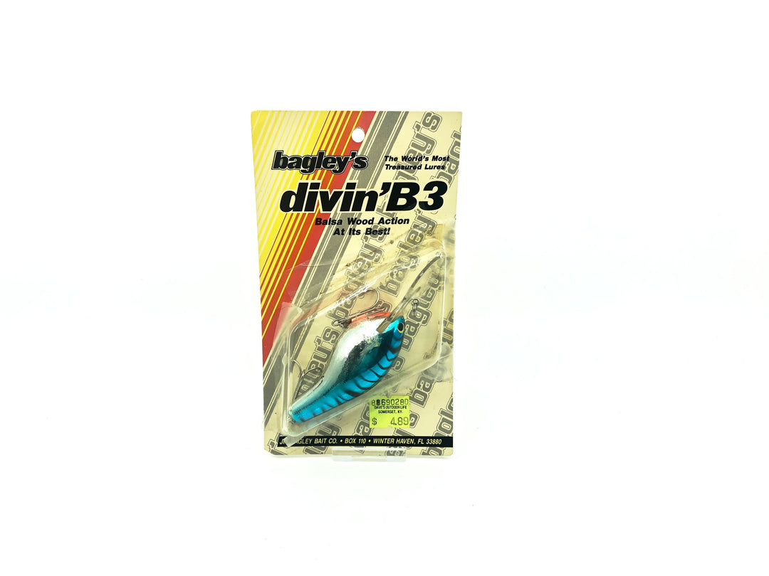 Bagley Diving B3 DB3-F7S Blue on Silver Chrome/Tiger Stripes Color New on Card Old Stock Florida Bai